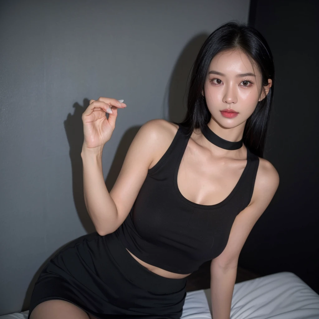 best quality, ultra high res, (photorealistic:1.4), pretty girl, tanktop black shirt, black tight skirt, black choker, (faded ash gray hair:1), medium breasts, looking at viewer, closeup, (pretty face) , southeast asia girl, (RAW photo, best quality,high quality,highres), (realistic, photo-realistic), ultra-detailed,(front lighting).