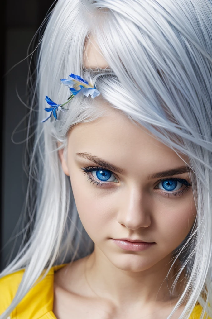 White hair, blue eyes, yellow, iris,  girl