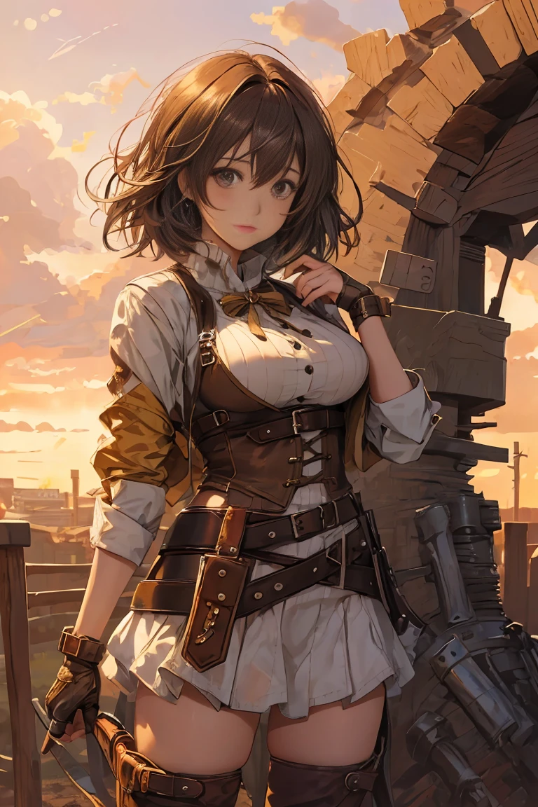 anime girl, cowgirl costume, Colossal , Brown hair, perfect proportions, ((short hair))