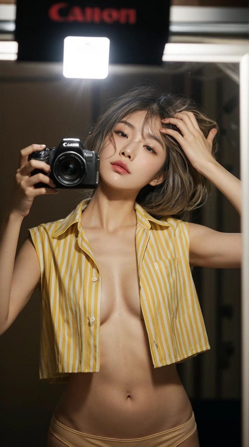A korean woman takes a mirror selfie with a Canon EOS camera. The camera's flash illuminates the scene, creating a bright glare in the mirror. she has a pear body shape with an larged-size breast, She wears a bright red, vertically striped blazer with rolled-up sleeves, left open to reveal her bare larged-size breast. Her expression is serene, with her eyes slightly closed and her head tilted slightly to one side as she touches her hair with her other hand, messy wavy hair. The background appears dim, giving prominence to the subject in the foreground.
