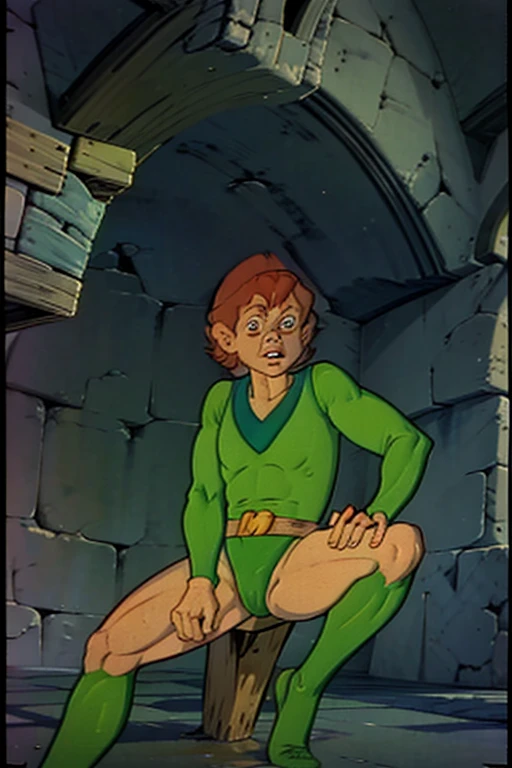 a redhead cartoon character dressed in a green leotard, very muscular, a young male wizard, 1980s cartoon, animated episode still, Presto (((mad)))
