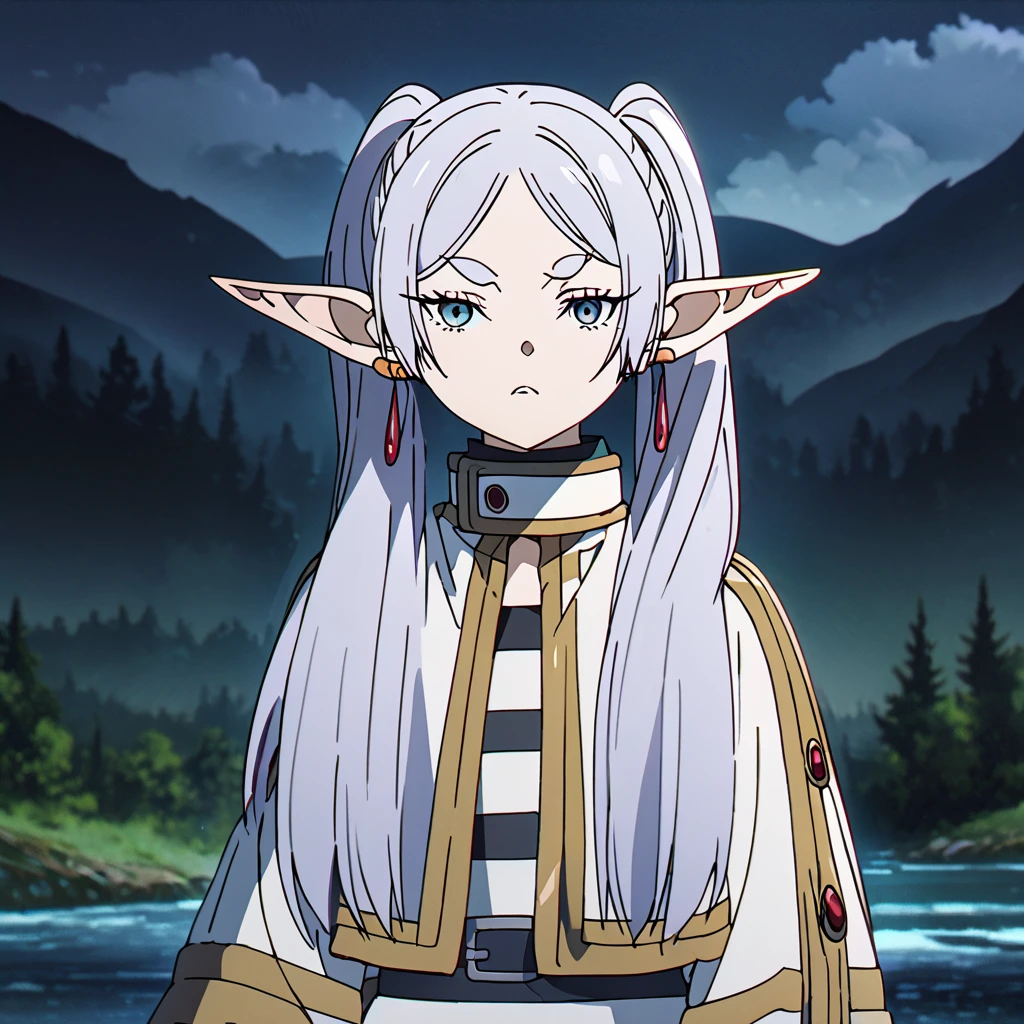 masterpiece, best quality, 4k、2D illustration, one beautiful girl, solo, frieren, pointy ears, elf, earrings, twintails, parted bangs, grey hair, thick eyebrows、((Serious Situations))、((serious face))、((angry face)), speaking something, ((long beautiful hair)), , standing, beautifully detailed eyes、((looking at viewer)), ((sousou_no_frieren))、((close up shot))、((wilderness background))、((night))、((cloudy sky))、 