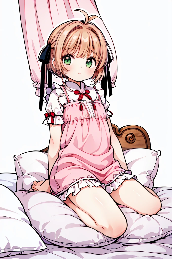 （masterpiece，best quality，best quality, masterpiece），Mine, , , (适合任何Pillow背景的光影））, 穿着公主裙的可爱女孩在Pillow上摆姿势 ，，,（很多Pillow），Soft cushion，，，，很多Pillow，，，（Pillow），（A tail），，（充满细节的Pillow），（Around the protagonist），steam，，（Pillow），（palace），（palace殿卧室），（Pillow），柔软的Pillow，，（Classical European style bedroom ），（excited，shy person，Lack of expressiveness，），，, ((Maximum resolution)), artwork, ，,,(Interior of the palace),,(Deluxe Rococo Canopy King Bed),Luxurious curtains with ornate ruffles and ribbons hang around the large bed.,((((床上堆满了许多Pillow)))),Quilt details,Detailed bed linen,Ruffled Bed Skirt,Deep Bed,Background with depth,((详细的Pillow)), ((((大量的Pillow))))，,，详细的软Pillow,,((女孩正躺在许多柔软的Pillow上,周围有许多Pillow))，。Many small feathers fluttering、 Long nightgown with ruffles and ribbons、In a huge, Large canopy bed、Soft pink sheets and quilt、色彩鲜艳的柔软Pillow、很多带褶边的Pillow和带褶边的床裙、Soft toned bed、Ruffled curtains around the bed.。Delicate face。Background with depth,Sakura Kinomoto,(Sakura Kinomoto, 1 Girl, Brown hair, short hair, Antenna hair, , Green Eyes),pillow hump,hump