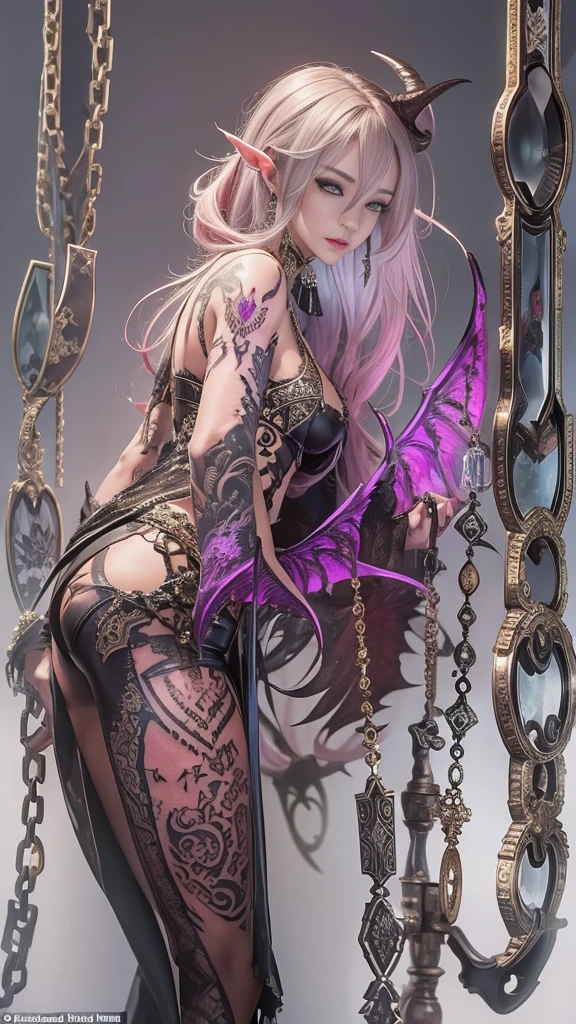(32K:1.5, Dark fantasy:1.5, Highest quality, masterpiece, Ultra-high resolution), Perfect dynamic composition:1.6, The ruined demon world:1.6, (Detailed tattoos on the whole body:1.6, Wearing exquisite jewelry:1.6), Very detailedな肌と顔の質感:1.3, Fascinating肖像画:1.3, Very accurate, Very detailed, (Cute and sexy succubus demon with big wings:1.3, Incredibly slim body:1.3, beautifully、aesthetic:1.3), Prisoner, slave, Horn, Fair skin, Sensual stance, Spread your legs, chaos, darkness, (How to properly dress a heavily torn garment:1.3), Breasts so big that they almost burst, Don't show areola, Big breast gap, (Big eyes that exude beautiful eroticism:0.4, Her facial expression when she felt intense caressing:1.0, Please open your mouth a little, lipstick, Feel the beautiful eroticism:0.9, Too sexy and cute:0.9, Fascinating:0.9), ((torture:1.5, Lots of chains:1.6, Countless chains tangled in clothes:1.6, Chain your right arm:1.5, Chain the left arm:1.5, The right foot is bound with shackles and chains:1.5, The left leg is bound with shackles and chains:1.5)), (((An immeasurable amount of fluid flows through the body:1.5))), Super long blonde curly hair, Earrings, necklace, bracelet, romantic, mysterious, elegant, Object of admiration, original, dramatic, artistic, Innovative, charm, Heartful, Fancy, sense of openness, sense of cleanliness, special, exciting, Extreme, Tilt, sense of loss, sorrow, sorrowの表現, (((大人のcharm, 女性的なcharm)))