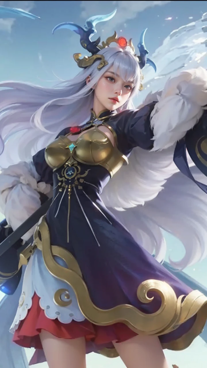 best quality,ultra-detailed,photorealistic,1girl,young swordswoman,holding a glowing katana,futuristic cyberpunk city,on top of a skyscraper,outfit blending futuristic technology and Chinese traditional elements,huge cyber dragon in the neon-lit night sky,(guardian of the city:1.2),(harsh urban environment:1.3),(determination and bravery:1.2),masterpiece,cyberpunk style with Chinese influenceg,