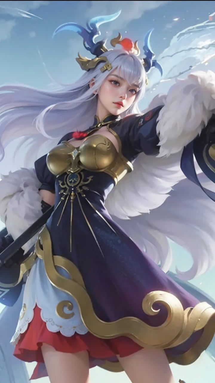 best quality,ultra-detailed,photorealistic,1girl,young swordswoman,holding a glowing katana,futuristic cyberpunk city,on top of a skyscraper,outfit blending futuristic technology and Chinese traditional elements,huge cyber dragon in the neon-lit night sky,(guardian of the city:1.2),(harsh urban environment:1.3),(determination and bravery:1.2),masterpiece,cyberpunk style with Chinese influenceg,