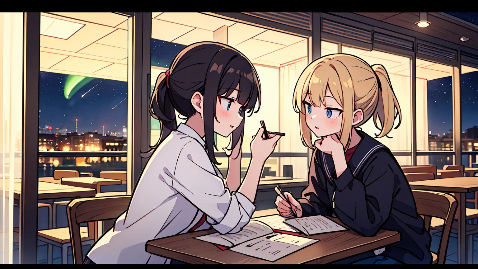 (masterpiece, best quality),Two women with different faces and hairstyles, different hair colors, different faces, ponytail, shot,letterboxed, perfection of fashion,chapped lips, casual attire, upper body, from the side,A cafe with a terrace overlooking the night sky with the Aurora,Teaching students to study at an old-fashioned table, eyes look at the note, together, stylish outfit,
