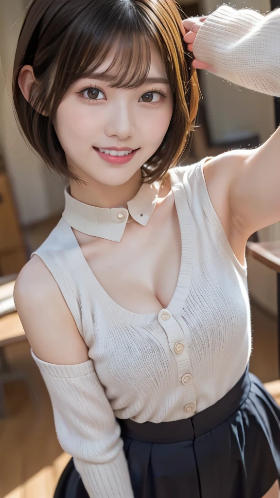 One girl, with collar white button shirts, short hair, 20-year-old Japanese, beautiful, cute face, pretty face, neat, smiling, 8-head body, height 165cm, weight 48kg, bust 83cm, waist 60cm, hips 82cm, Small breathts, Living in Hiroshima City, A college student aspiring to become a model, (((Selfie))), (((portrait))), (from above), can't see the head