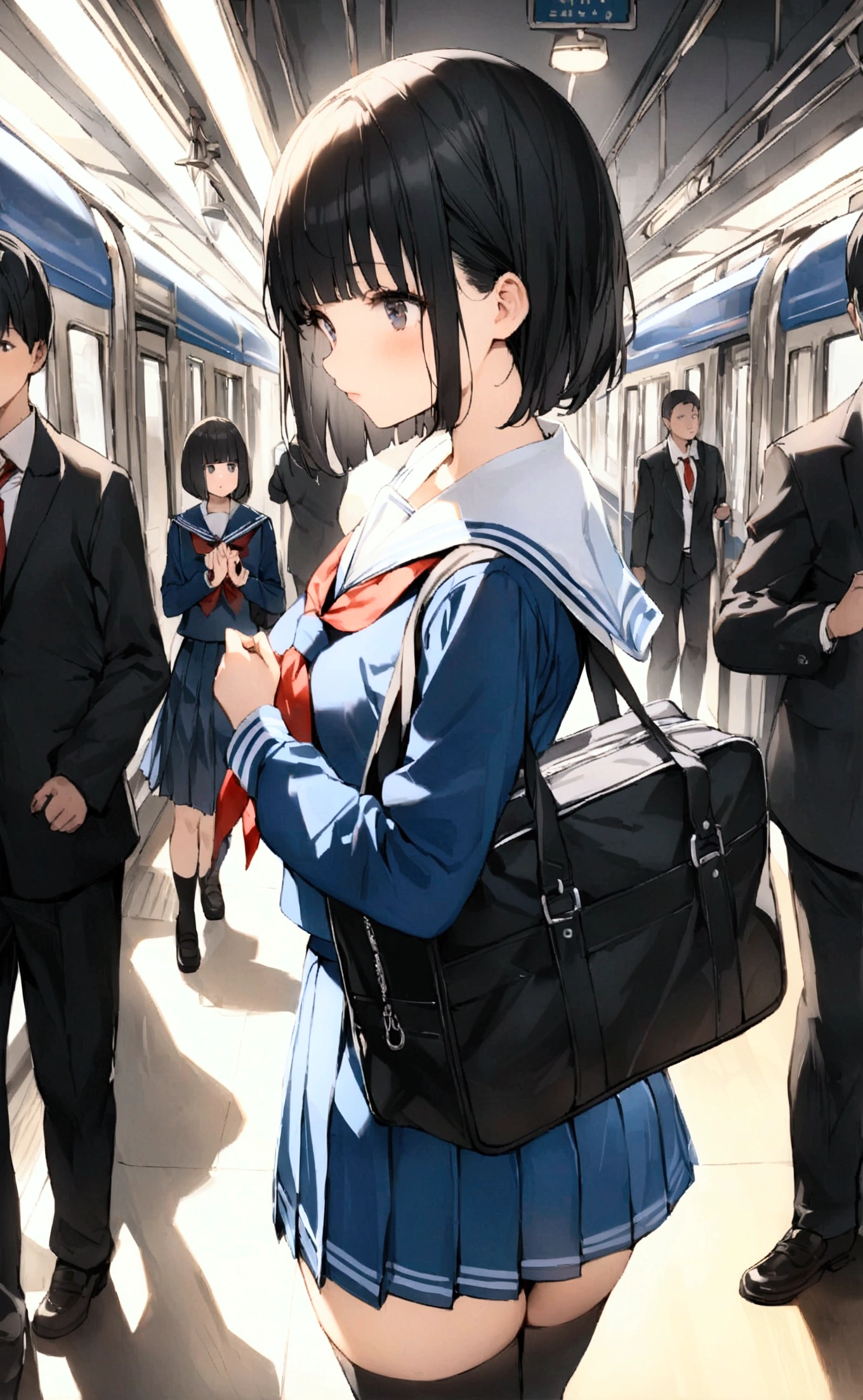 One Woman、crowd、Station platform、beautiful girl、Sailor suit、Pleated skirt、Hold a school bag with both hands、Age: 18、Bob Cut Hair, Highest quality, body type、Small 、Small ass、Black Hair,The train is coming、Black knee-high socks、Cowboy Shot、Ultra-fine images