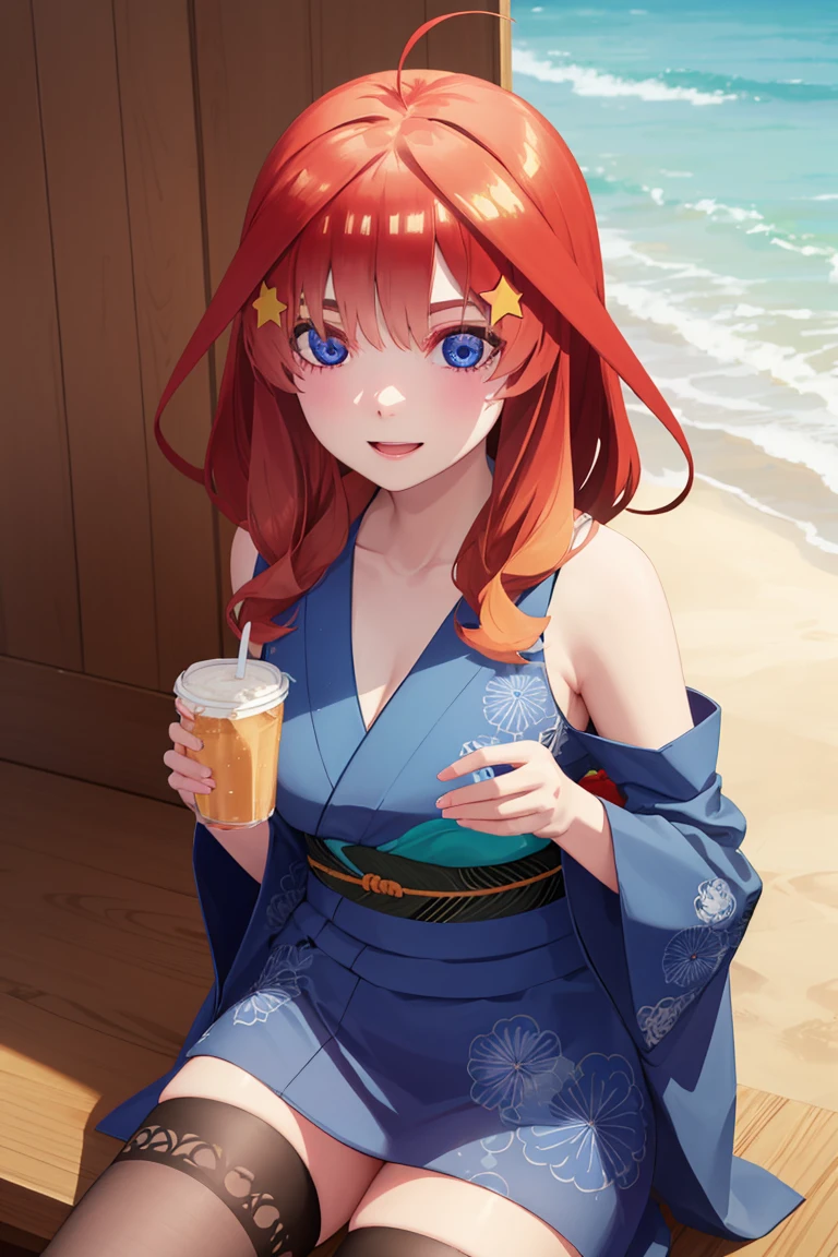 [itsuki nakano, bangs, blue eyes, hair between eyes, ahoge, red hair, star \(symbol\), hair ornament, star hair ornament,], 1girl, anime girl, anime, girl, 2d girl, 16y,
BREAK ((bare shoulders, blue kimono, blue ribbon, blue thighhighs, collarbone, detached sleeves, japanese clothes, kimono, thighhighs))), 
BREAK fishnet, big breasts, sitting, beach, beach chair, looking at you, sunglasses, smile, holding beverage,
BREAK (art: 1.2), best quality, high resolution, 8k unitary, (illustration: 0.8), (beautiful detailed eyes: 1.6), extremely detailed face, perfect lighting, extremely detailed in CG, (perfect hands, perfect anatomy),