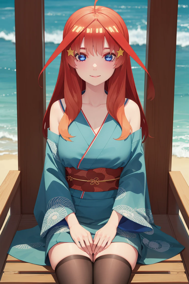 [itsuki nakano, bangs, blue eyes, hair between eyes, ahoge, red hair, star \(symbol\), hair ornament, star hair ornament,], 1girl, anime girl, anime, girl, 2d girl, 16y,
BREAK ((bare shoulders, blue kimono, blue ribbon, blue thighhighs, collarbone, detached sleeves, japanese clothes, kimono, thighhighs))), 
BREAK fishnet, big breasts, sitting, beach, beach chair, looking at you, sunglasses, smile, holding beverage,
BREAK (art: 1.2), best quality, high resolution, 8k unitary, (illustration: 0.8), (beautiful detailed eyes: 1.6), extremely detailed face, perfect lighting, extremely detailed in CG, (perfect hands, perfect anatomy),