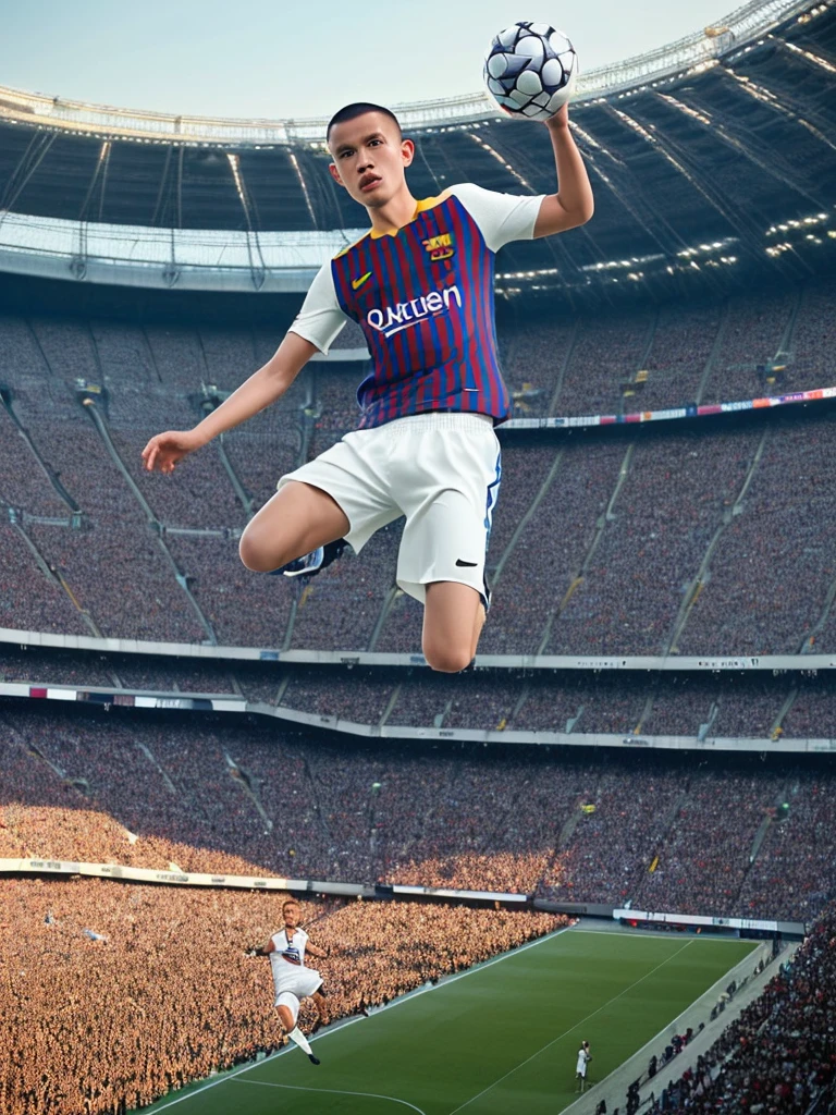 Make a realistic photography picture, an Indonesian man, with a round head, white, handsome, buzz cut hairstyle, jumping while controlling the ball, in a stadium, wearing a Barcelona jersey that says (ABOY) wearing black shoes, a football stadium in the background. crowded with spectators, high light, detailed faces, zoom out, high color