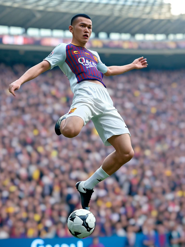 Make a realistic photography picture, an Indonesian man, with a round head, white, handsome, buzz cut hairstyle, jumping while controlling the ball, in a stadium, wearing a Barcelona jersey that says (ABOY) wearing black shoes, a football stadium in the background. crowded with spectators, high light, detailed faces, zoom out, high color
