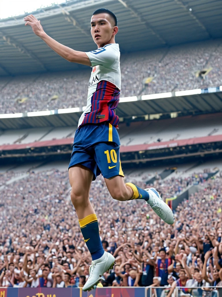 Make a realistic photography picture, an Indonesian man, with a round head, white, handsome, buzz cut hairstyle, jumping while controlling the ball, in a stadium, wearing a Barcelona jersey that says (ABOY) wearing black shoes, a football stadium in the background. crowded with spectators, high light, detailed faces, zoom out, high color