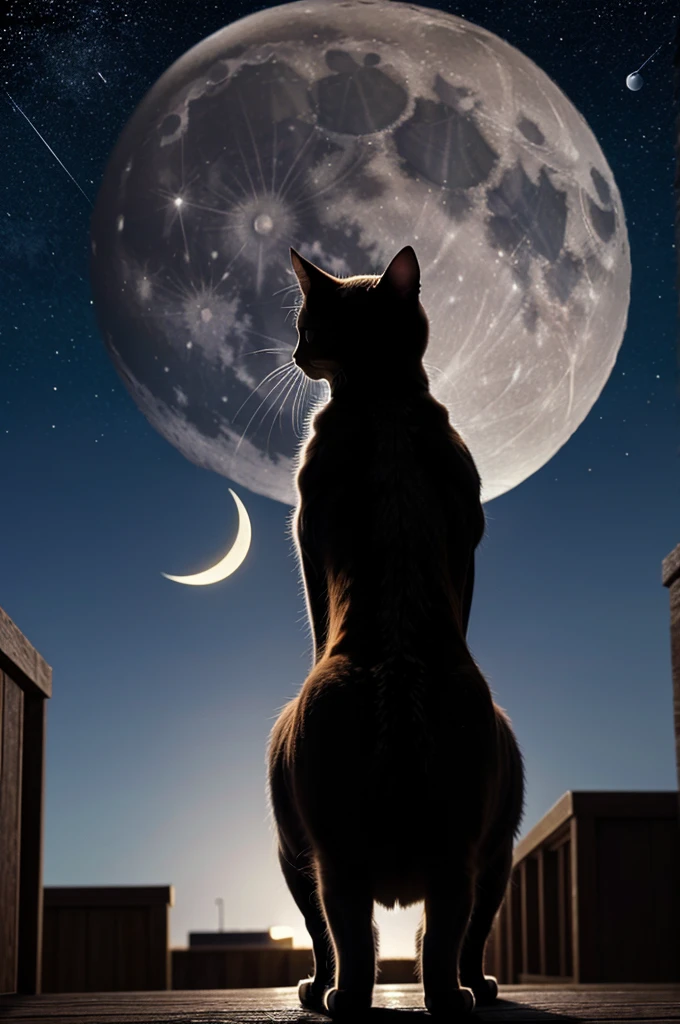 A realistic picture of a cat staring at the moon. The cat's head is visible from the back. The sky is dark with a few stars and cat is looking up in the sky at the moon. We cannot see the whole body of cat and just the head. 