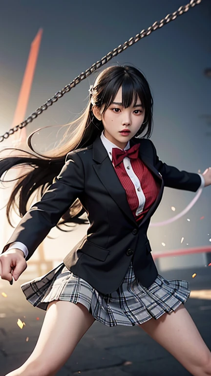 A 21 year old Asian girl, with gray and white plaid skirt, black blazer with coat of arms, Red bow tie, frowns and spins a chain with a metal ball with spikes on the end, ready to attack, in combat pose, fully body.