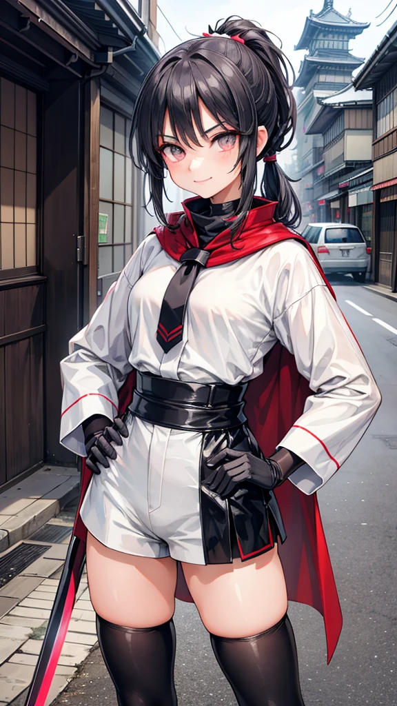 Adult features Short Ponytail Long, narrow eyes smile Glare frivolous attitude Japanese clothing White shirt Black hot pants Black long gloves Black knee socks Put your hands on your hips Japan Hold the sword at your waist Cape Japanese Castle cyber punk Streetscape