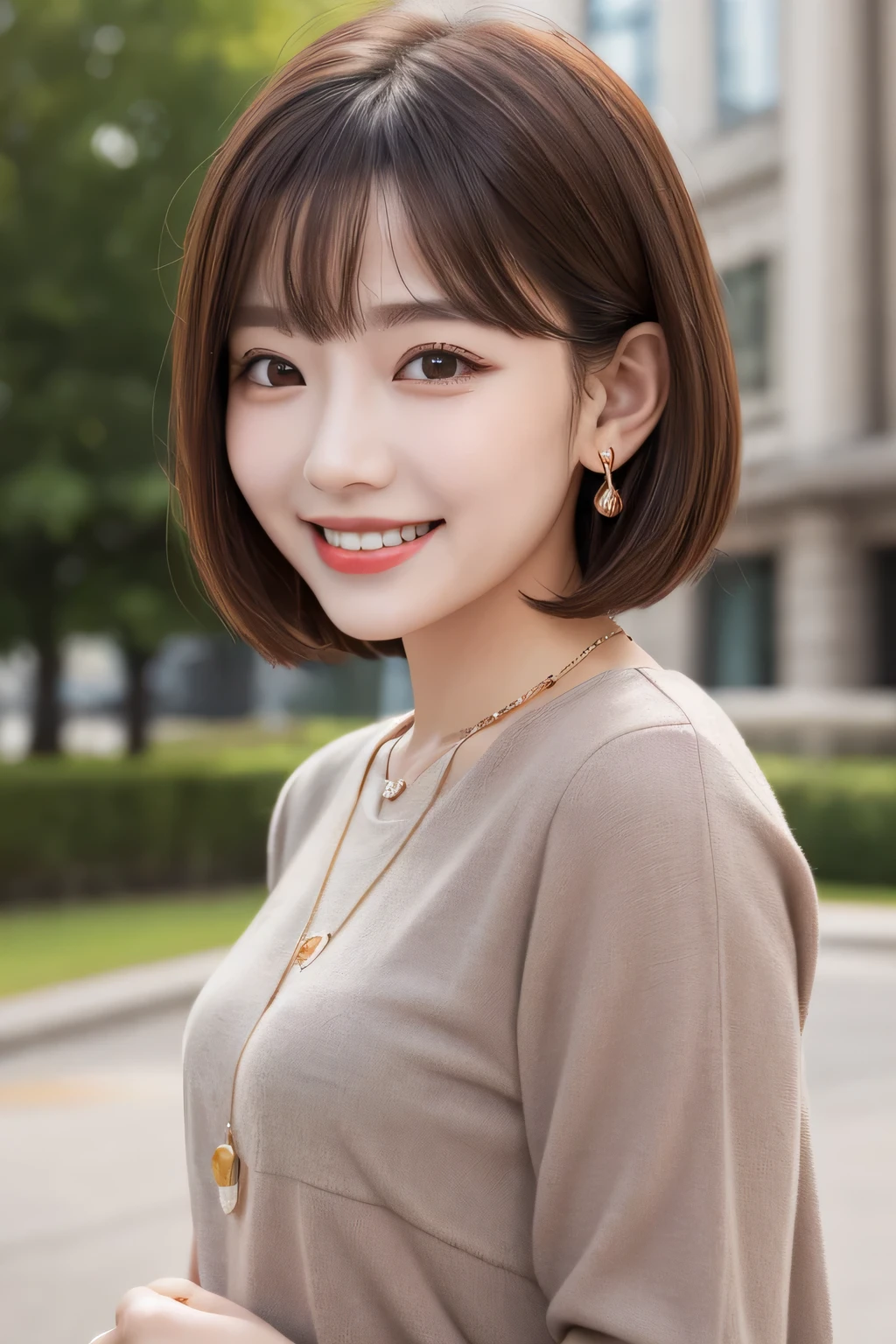 Highest quality, ,smile、Beautiful teeth alignment、Light brown hair、Short Haircut、Long sleeve blouse、ear piercing、necklace, , Face Focus、The background is the building's corridor.