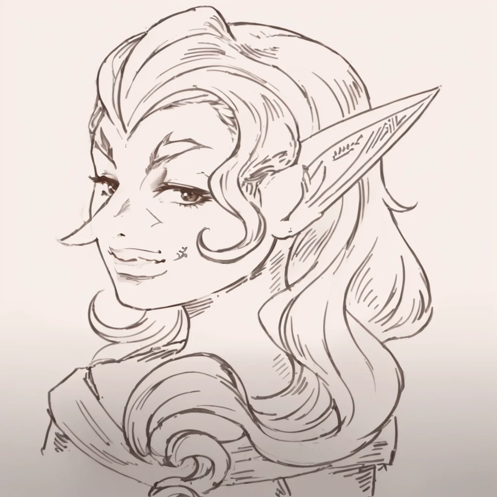 a drawing of a woman with a long hair and a sword, a portrait of an elf, elven character with smirk, a middle aged elf, dnd portrait of a tiefling, portrait of an elf, goblin female portrait, dnd avatar portrait of halfling, side portrait of elven royalty, a portrait of a male elf, female elfling
