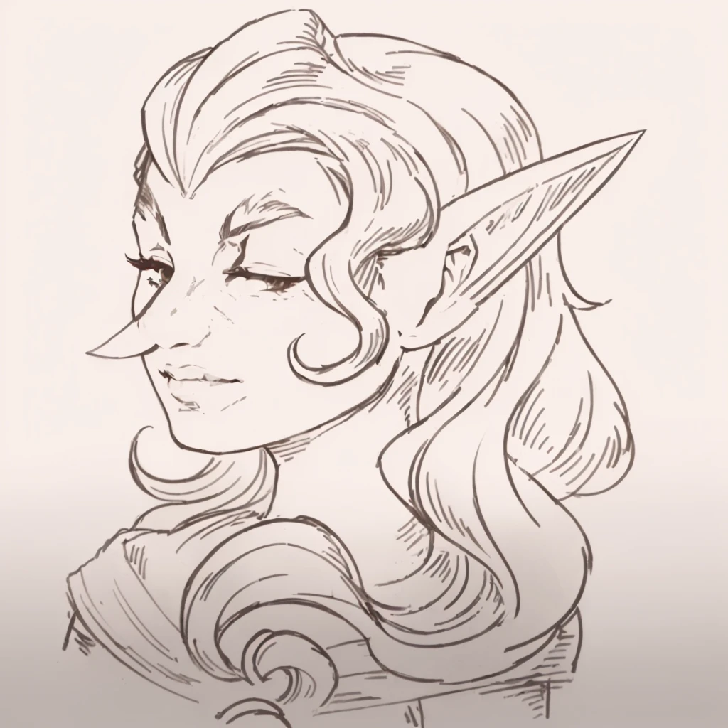 a drawing of a woman with a long hair and a sword, a portrait of an elf, elven character with smirk, a middle aged elf, dnd portrait of a tiefling, portrait of an elf, goblin female portrait, dnd avatar portrait of halfling, side portrait of elven royalty, a portrait of a male elf, female elfling