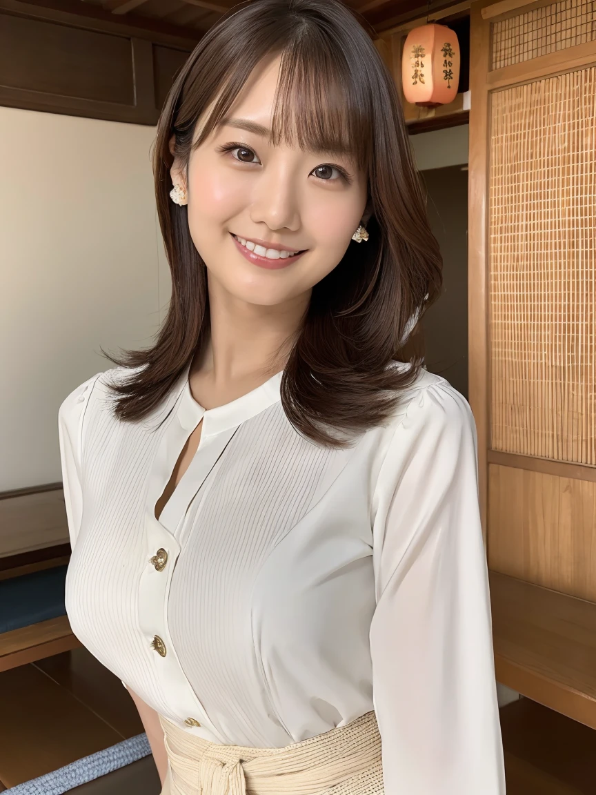 Tabletop, 最high quality, Realistic, In detail, High resolution,Beautiful Japanese Woman,Beautiful attention to detail, Beautiful lip detail, Very detailed顔, Small Head, Small areola, Cinema Lighting, Realistic, 8k, high quality, Very detailed, look at me,smile,(White blouse、Black Pants ),Long Hair,(shrine、Visit to a shrine),(Big Breasts:0.7),(Inoue Kiyokana),whole body, (Breast bulge:0.7),thin,(front図,throw)、whole bodyの姿(Are standing)、front(fortune teller)