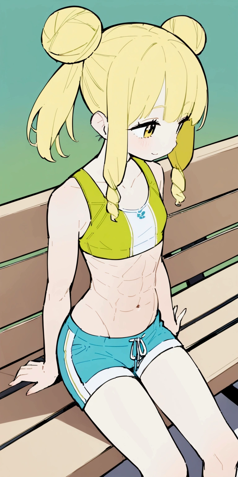 Anime Girls、solo、Short top、Shorts、Swimwear、Sitting on a bench、Toned Abs、belly button、Bun Hair、Medium Hair、smile、Light green and light yellow multi-colored hair、detailed、Highest quality、masterpiece、skinny body、Lean and muscular