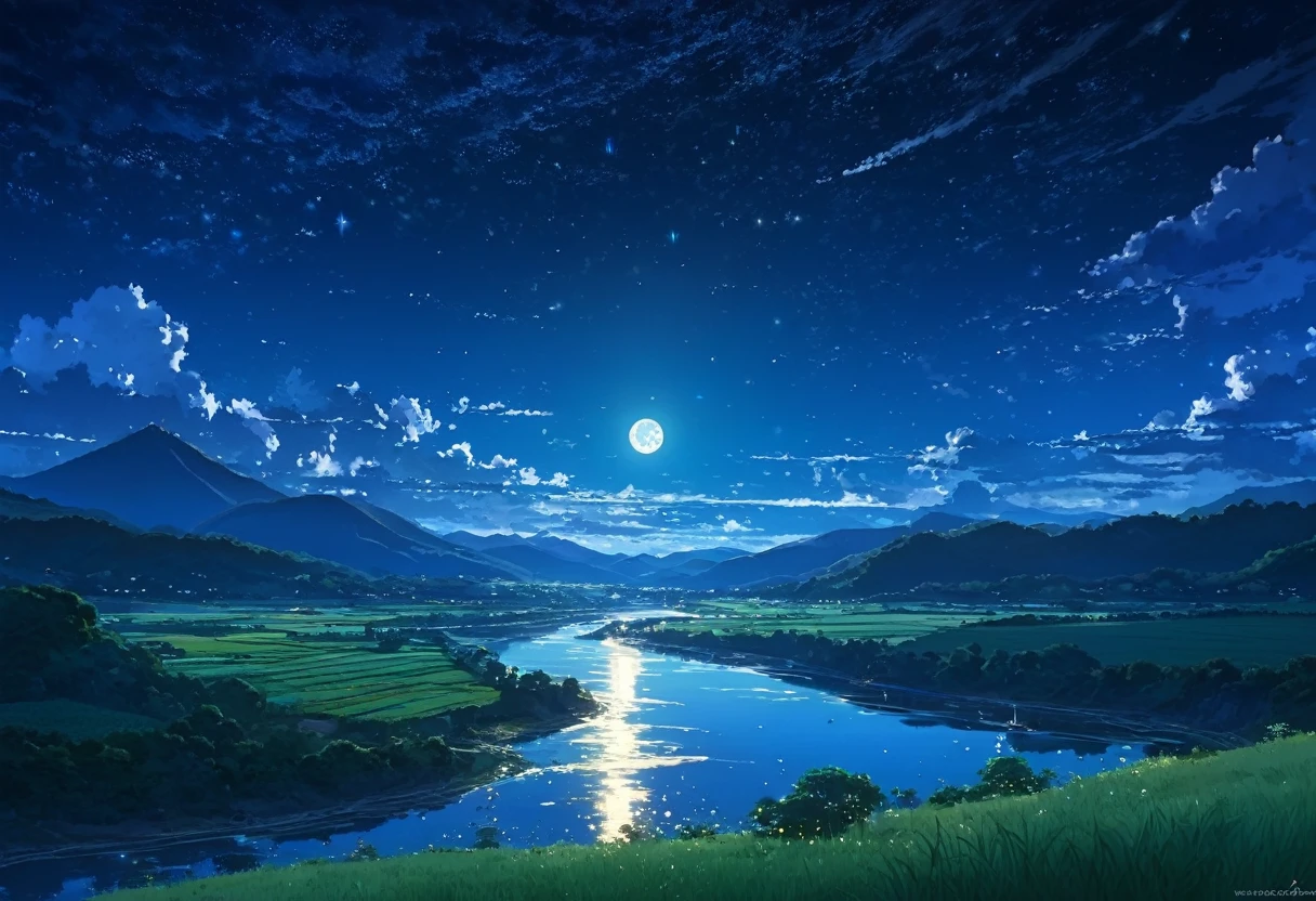 River Painting, Stars and Moon in the Sky, Bright colors, by makoto shinkai. Concept art inspired by Tosa Mitsuoki, pixiv Contest Winner, Highest quality, Fantasy art, Beautiful anime scene, Golden Moon, No humans, Starry Sky, scenery, cloud, Shine, the scenery of night landscapes, Mountain, Rivers. Bright Moon, Starry Sky environment under the moonlight, Dream Painting, Anime Background art, Fantasy Landscape Painting, A dreamlike night, Anime Background, Background artwork, Dreamy Art, Atmospheric anime, Starry Sky, Detail enhancement.High resolution,reality,Emotional,8k,high resolution