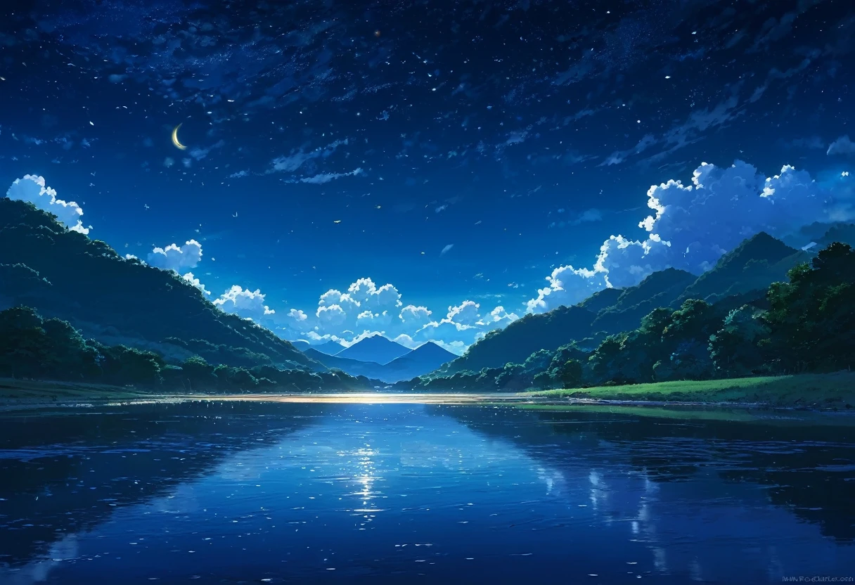 River Painting, Stars and Moon in the Sky, Bright colors, by makoto shinkai. Concept art inspired by Tosa Mitsuoki, pixiv Contest Winner, Highest quality, Fantasy art, Beautiful anime scene, Golden Moon, No humans, Starry Sky, scenery, cloud, Shine, the scenery of night landscapes, Mountain, Rivers. Bright Moon, Starry Sky environment under the moonlight, Dream Painting, Anime Background art, Fantasy Landscape Painting, A dreamlike night, Anime Background, Background artwork, Dreamy Art, Atmospheric anime, Starry Sky, Detail enhancement.High resolution,reality,Emotional,8k,high resolution
