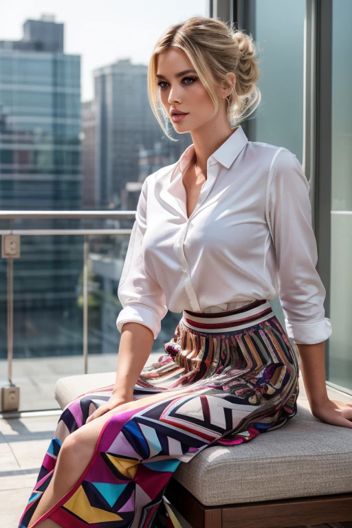 ((European fashion models)). Realistic、Genuine raw photo、Full Body Portrait、Blonde updo、(Colorful shirt with collar)、(Geometric pattern long skirt:1.3)、(silk pantyhose:1.1)、High heels、Sitting pose、Large Breasts、1 girl, Modern architecture in the background、Perfect Anatomy, Perfect body, Perfect hands, Perfect Face, Perfect Eyes, Accurate, Anatomically correct, Perfectly clear and sharp focus, Highest quality、Ultra-high resolution, masterpiece, Ultra-realistic、Professional Lighting
