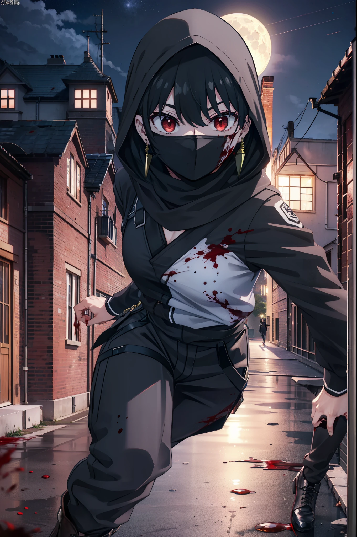 Yorbraia, Yor Briar, Black Hair, (Red eyes:1.5), Earrings, gold hair band, hair band, Long Hair, Side Lock, (Medium chest:1.2), Shadowed face,Hooded,Cover your mouth with a black scarf,strict,black Ninja uniform,Ninja,black Ninja pants,short boots,Action pose,Overlooking the city from the roof of the building,moon,moon明かり,night,moon光,whole bodyがイラストに入るように,Psychopath horror、Bloody、blood droplets,murder scene, Serial killer, Covered in blood break looking at viewer, whole body, break outdoors ,Medieval European-style building, break (masterpiece:1.2), Highest quality, High resolution, unity 8k wallpaper, (shape:0.8), (Beautiful and beautiful eyes:1.6), Highly detailed face, Perfect lighting, Extremely detailed CG, (Perfect hands, Perfect Anatomy),