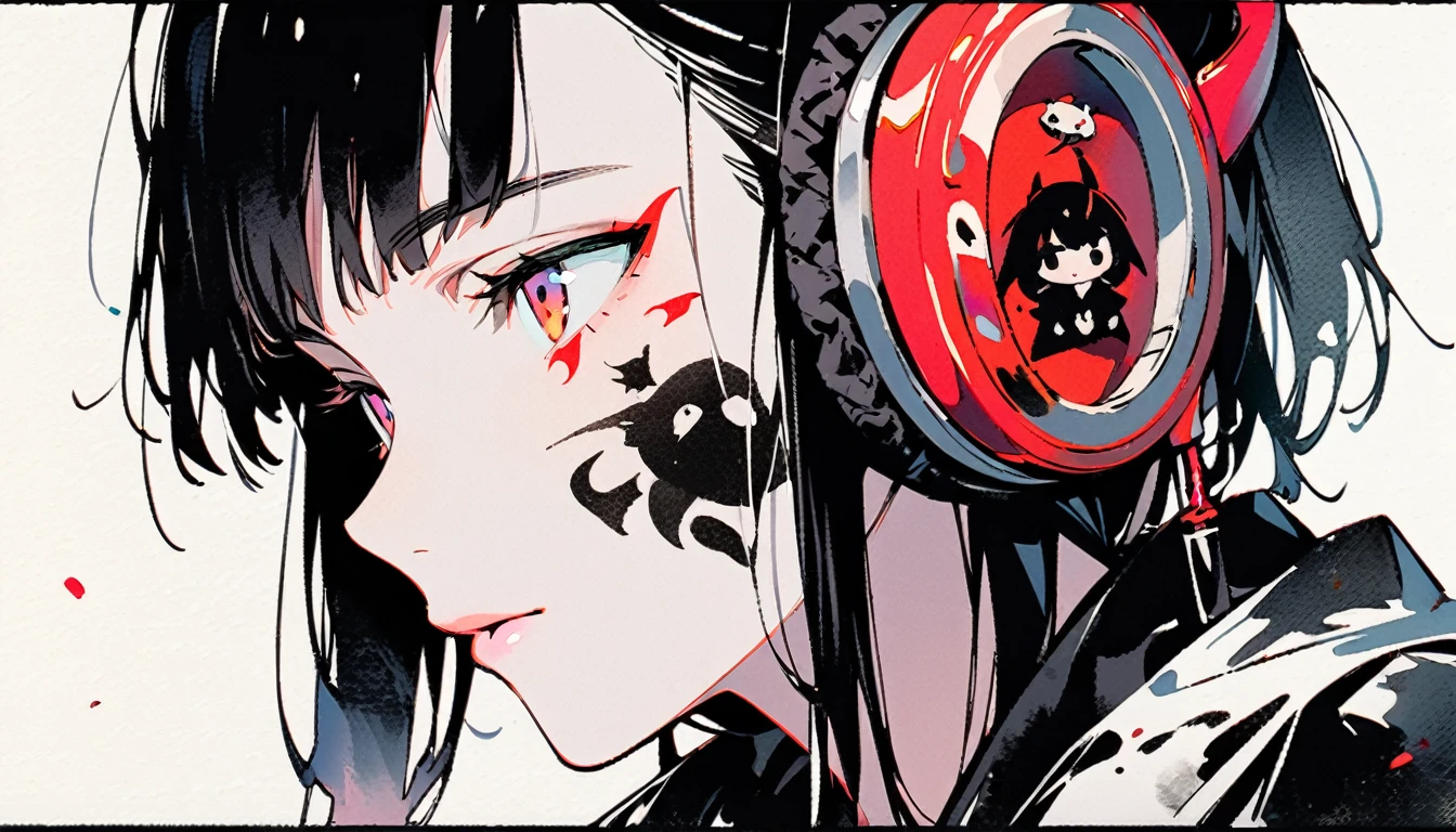 (((Ink Painting))), Fashion portrait color photos, (((1 girl))), (((Tattoo on face))), (((Small devil))), Japanese style headphones, face close-up, Japanese beautiful girl, Black Hair