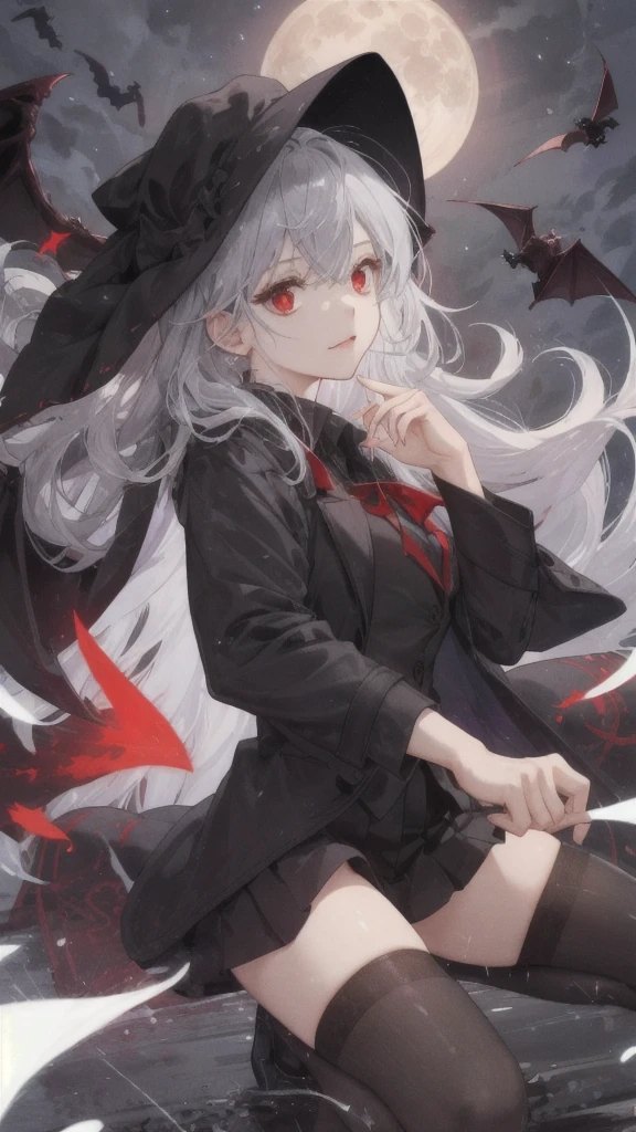 (Highest quality,Very detailed,High resolution:1.2),One Girl,Gray Hair,The most beautiful girl in human history,Sad look,暗い red eyes (暗いred eyes:1.1),暗い aura(aura:1.1),(mysterious,Ghostly:1.1) atmosphere,Looks like half a demon,(Demonic traits,Devilish Features),(Elaborate,Brilliant) ,Small Ass,Thin legs,Black Stockings,Knee-length skirt,Red Shirt,Black long coat,Put your coat over your head like the Grim Reaper,Dark night sky,Big full moon,Lots of flying bats