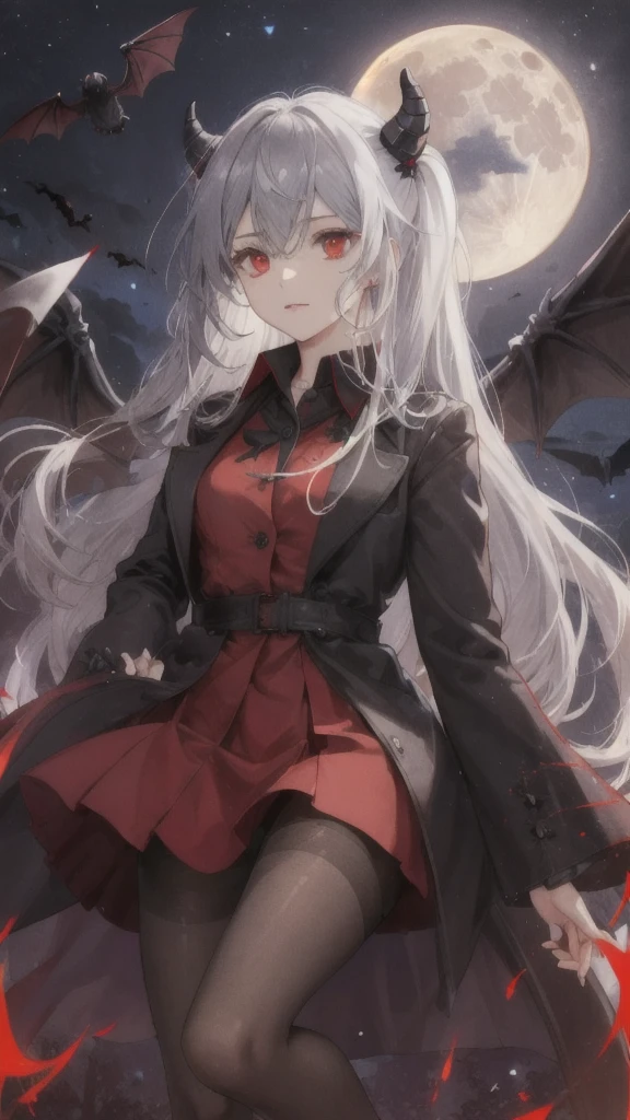 (Highest quality,Very detailed,High resolution:1.2),One Girl,Gray Hair,The most beautiful girl in human history,Sad look,暗い red eyes (暗いred eyes:1.1),暗い aura(aura:1.1),(mysterious,Ghostly:1.1) atmosphere,Looks like half a demon,(Demonic traits,Devilish Features),(Elaborate,Brilliant) ,Small Ass,Thin legs,Black Stockings,Knee-length skirt,Red Shirt,Black long coat,Put your coat over your head like the Grim Reaper,Dark night sky,Big full moon,Lots of flying bats