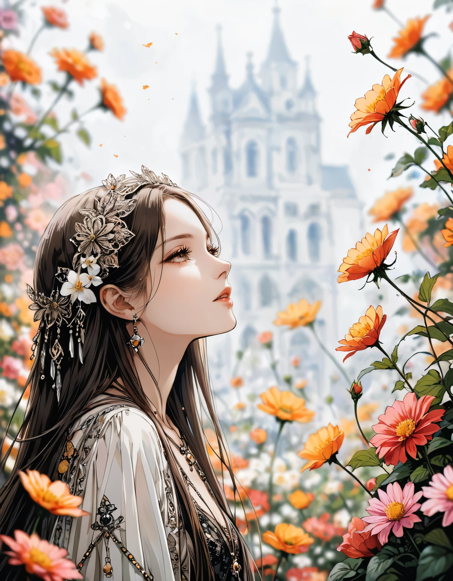 (in style of Harry Clarke:0.5),(in style of Santiago Caruso:0.7),
1girl,Long hair,Beat Clothing,Delicate girl's facial makeup,
BREAK
flower background,(flower foreground:1.6),( background blurred:1.7),from_Side,figure-centered composition,look up,(photo:1.4),(authentic:1.5),mid_shot,looking at viewer,(blurry foreground:1.8),