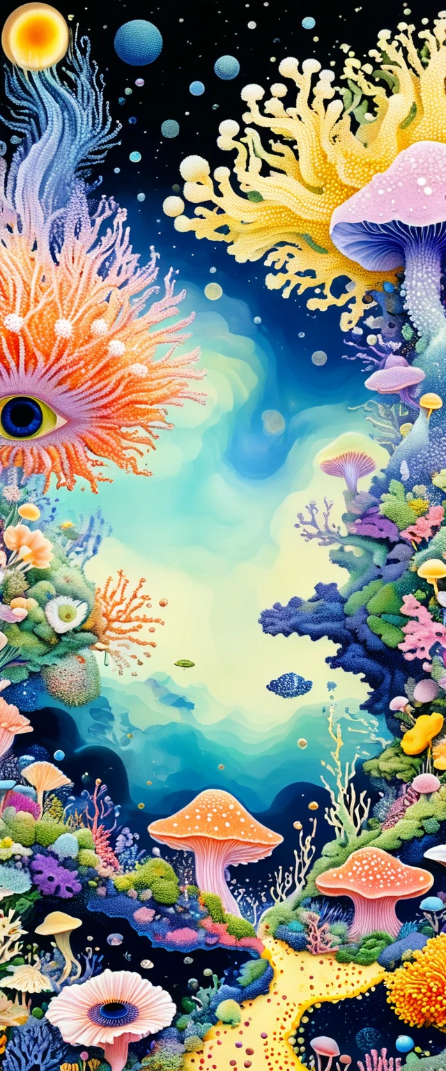 Strong visual fusion of multiple elements，Broto，来自Star的艺术家，house、Eye、Star、cloud、Spore powder、Marine microbes、Soft coral、sea anemone，Describing the inner world of autistic people，密集Pointillism method。Smooth lines。interesting，Strange illustration。Pointillism method。Strong contrast。Award-winning works。