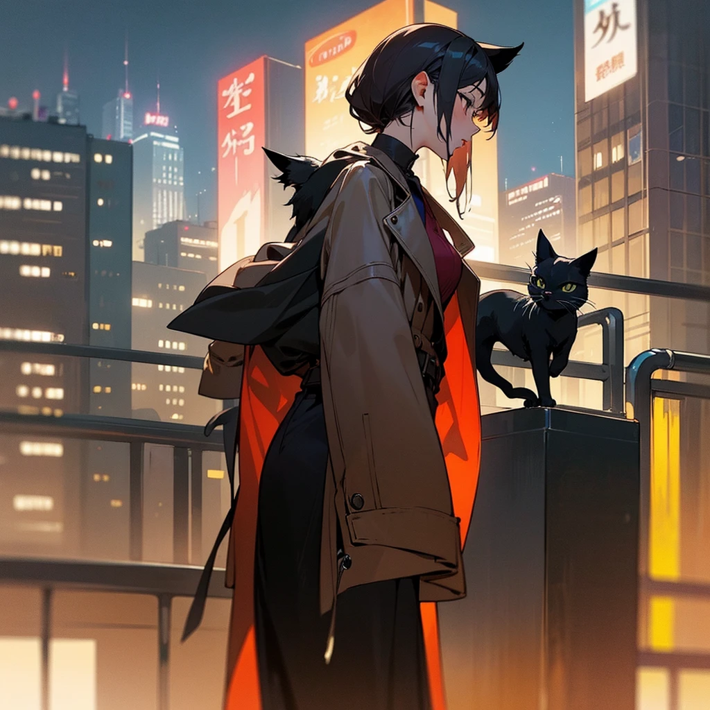 Black cat and beautiful woman、Lonely Black Cat、Relative、metropolis、night、Beautiful woman wearing a leather jacket、Strong and noble black cat