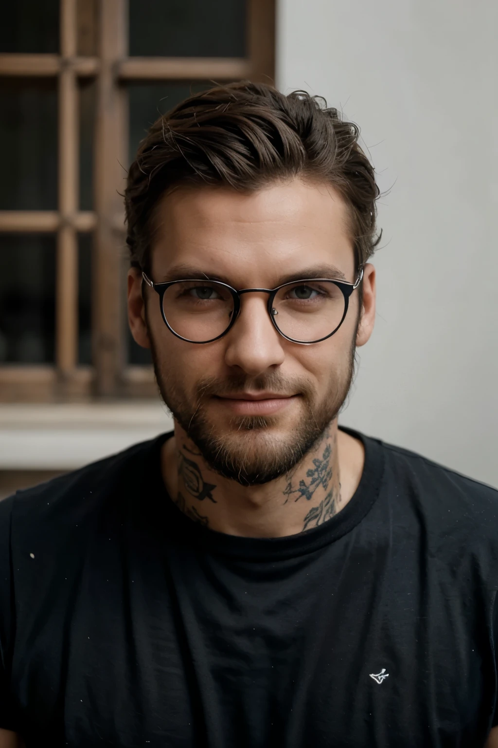Homme, Gars, Anatomie correcte, Cheveux Courts, Solo, Sourire, Regardant le spectateur, Résolution Haute, Détails fins, Très détaillé, Yeux bleus, Barbe, Heureux, Fond simple, De Haut En Bas, De Côté, Avec les Lunettes, Garçon, Tatouage