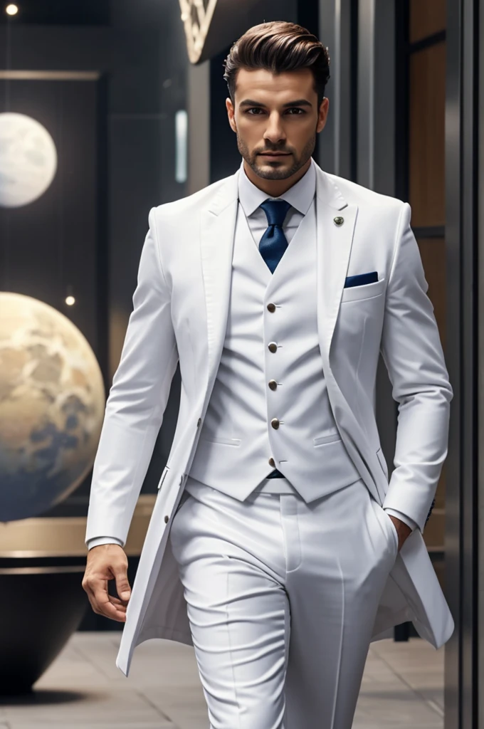 Create an image that has Aldiano skin in the background with a white suit and a planet