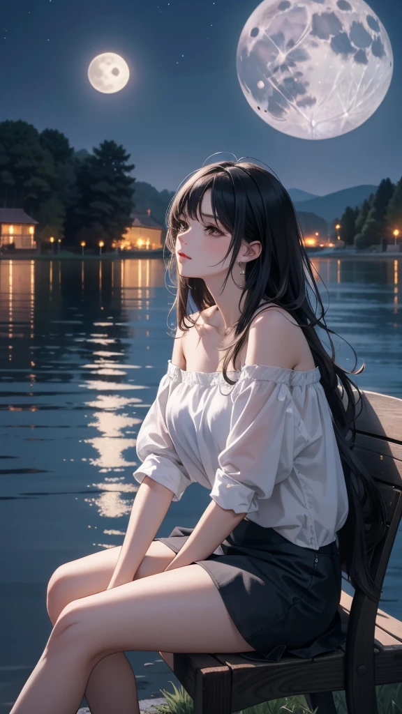 “A glamorous long-haired woman with black hair sits on a chair by the lakeside, gazing at the full moon shining directly above the lake. She is wearing an off-shoulder shirt and a mini skirt. The high-resolution image captures the night sky with clouds, and the moonlight illuminates the woman.”
