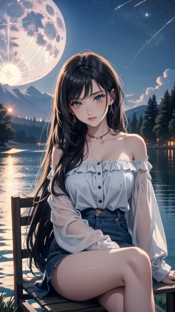 “A glamorous long-haired woman with black hair sits on a chair by the lakeside, gazing at the full moon shining directly above the lake. She is wearing an off-shoulder shirt and a mini skirt. The high-resolution image captures the night sky with clouds, and the moonlight illuminates the woman.”