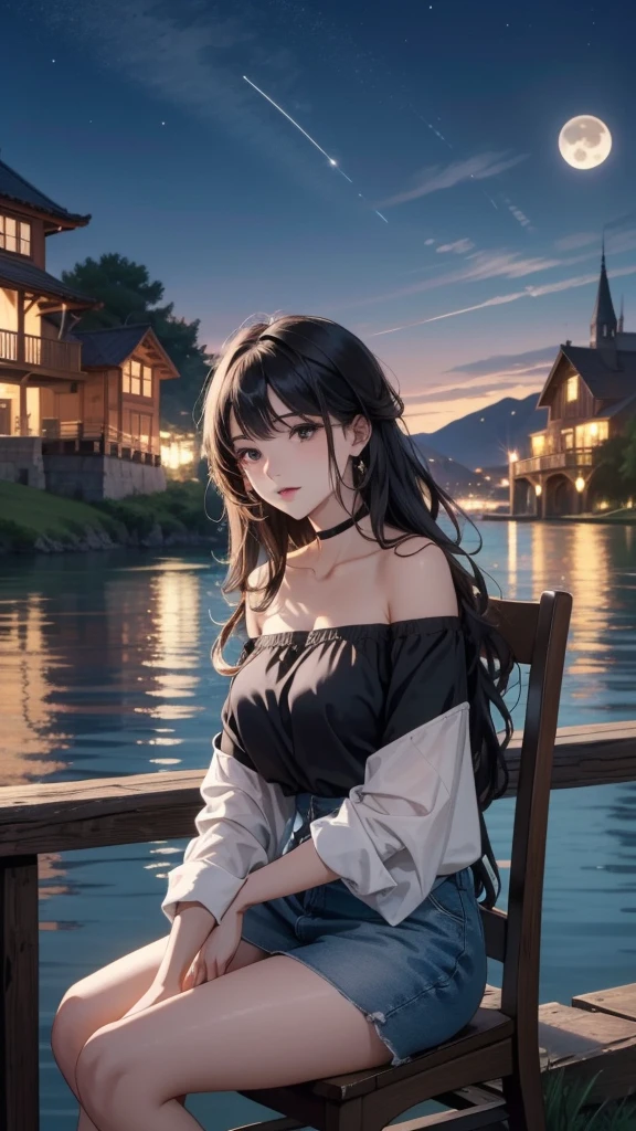 “A glamorous long-haired woman with black hair sits on a chair by the lakeside, gazing at the full moon shining directly above the lake. She is wearing an off-shoulder shirt and a mini skirt. The high-resolution image captures the night sky with clouds, and the moonlight illuminates the woman.”