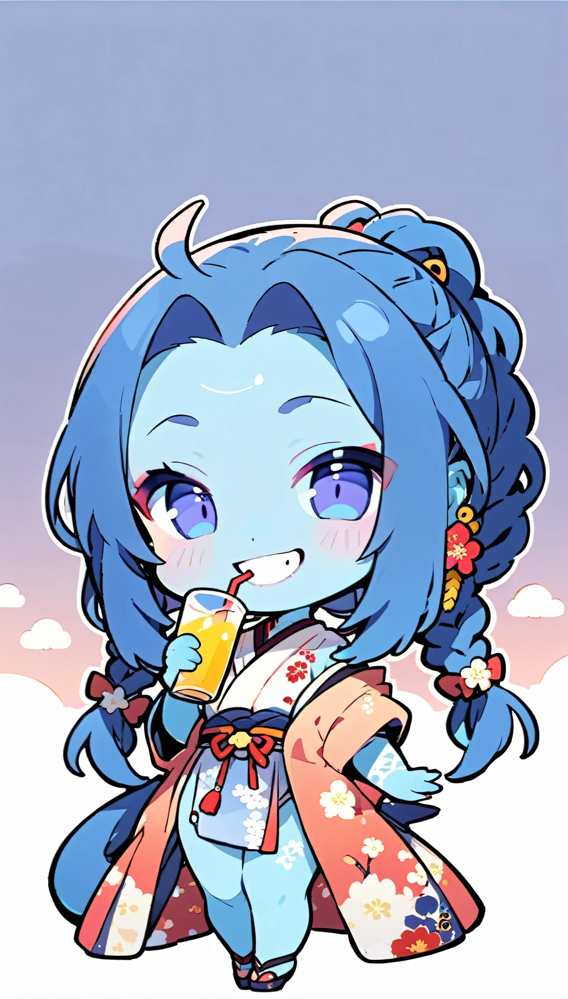 (alien woman),(Blue Skin),(Dreadlocks),(Cute tail),(((Stylish clothing))),Living in Japan,Drink juice,(Mouth-watering smile),(Subtly sexy),(chibi),(Chibi Character)