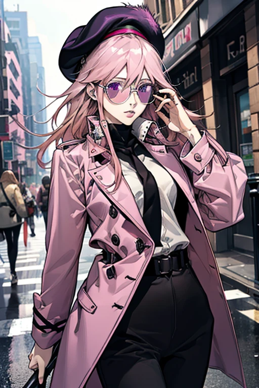 4K, Realistic, Detailed, Super Eyes Details, Fashion clothes, Pink trench coat, French Beret, Black pants with belt, Long Hair, In the city,  Pink Hair, Purple eyes, yae miko, Wearing trendy sunglasses,