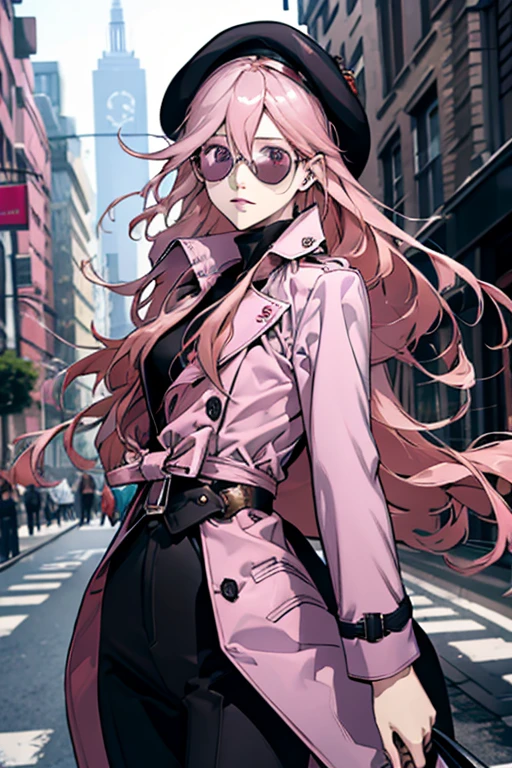 4K, Realistic, Detailed, Super Eyes Details, Fashion clothes, Pink trench coat, French Beret, Black pants with belt, Long Hair, In the city,  Pink Hair, Purple eyes, yae miko, Wearing trendy sunglasses,