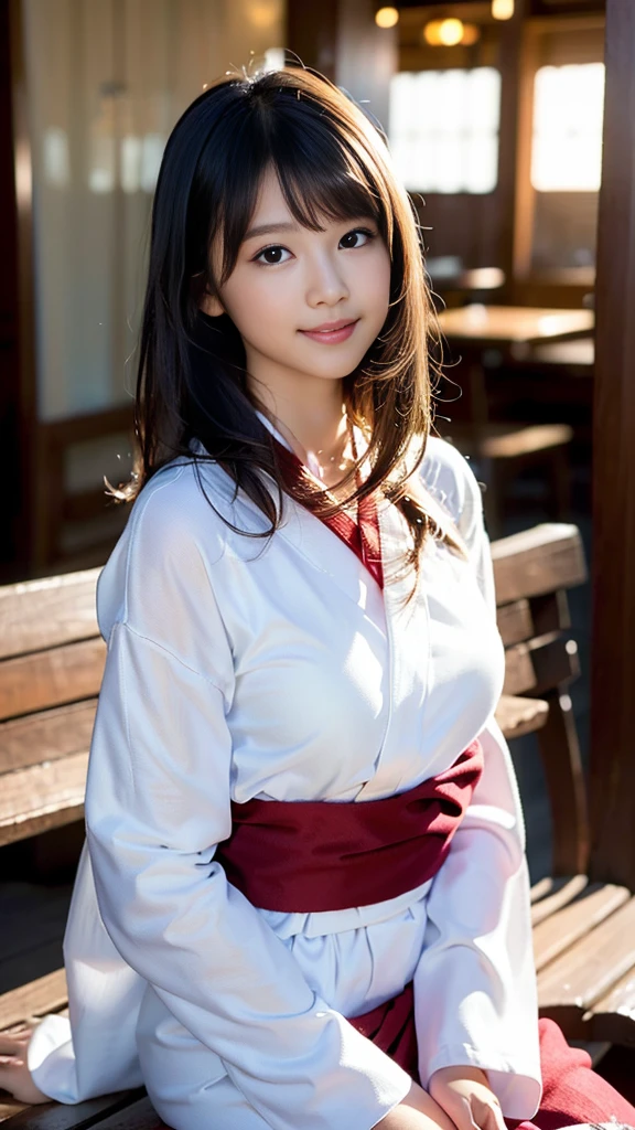 masterpiece, Highest quality,16K, Ultra-high resolution,The light and shadow of reality,Cinema Lenses,((Very skinny))、((Her waist is so slim and beautiful)),((High nose、Small Mouth)),((Clean and slim face line)),((Big dark eyes with long eyelashes)),((Very small face))((Very slim and beautiful arms)),((She is very slim and has a great figure)),((Pure white beautiful skin)),((Cute Japanese Girls)),(((Wearing a red long-sleeved yukata))),((Sitting on a bench in a stylish cafe)),(Sexy pose),(Beautiful Eyes:1.1),Reflecting clear eyes and a gentle smile,