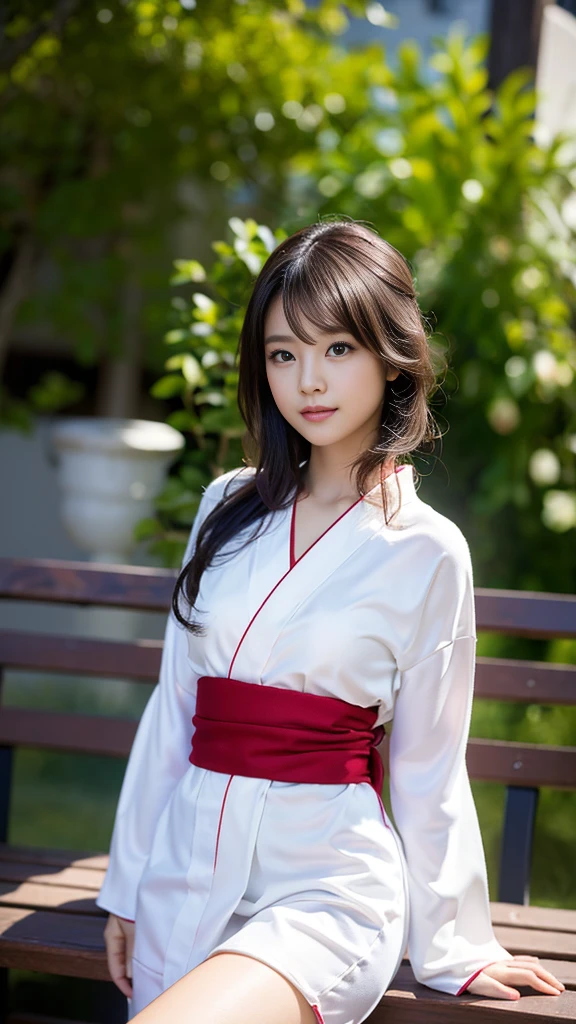 masterpiece, Highest quality,16K, Ultra-high resolution,The light and shadow of reality,Cinema Lenses,((Very skinny))、((Her waist is so slim and beautiful)),((High nose、Small Mouth)),((Clean and slim face line)),((Big dark eyes with long eyelashes)),((Very small face))((Very slim and beautiful arms)),((She is very slim and has a great figure)),((Pure white beautiful skin)),((Cute Japanese Girls)),(((Wearing a red long-sleeved yukata))),((Sitting on a bench in a stylish cafe)),(Sexy pose),(Beautiful Eyes:1.1),Reflecting clear eyes and a gentle smile,