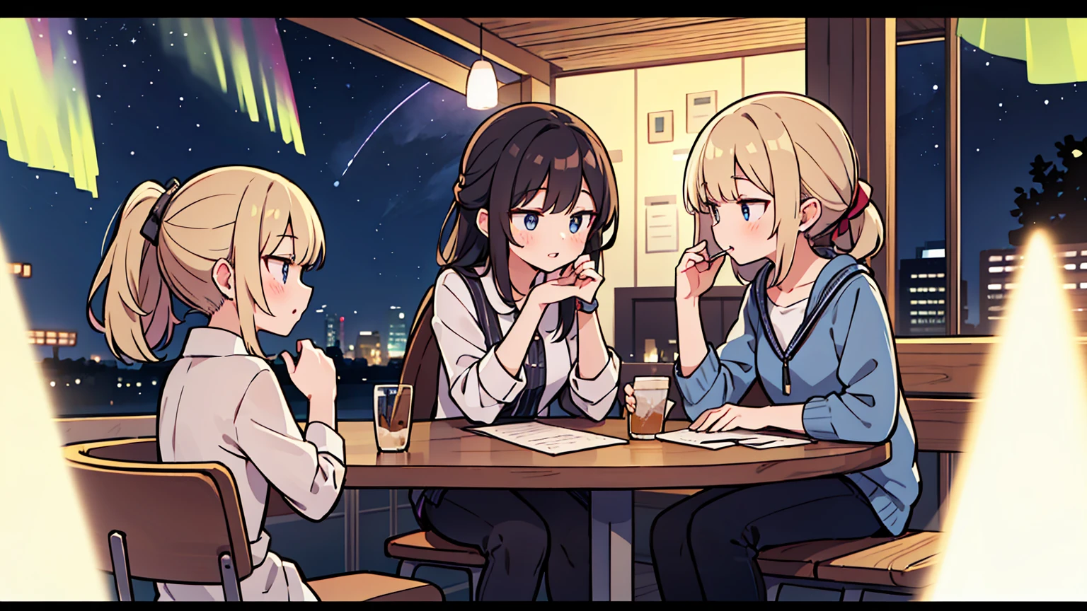 (masterpiece, best quality),Two women with different faces and hairstyles, different hair colors, different faces, ponytail, shot,letterboxed, perfection of fashion,chapped lips, casual attire, upper body, from the side,A cafe with a terrace overlooking the night sky with the Aurora,Teaching students to study at an old-fashioned table, eyes look at the note, together, stylish outfit,