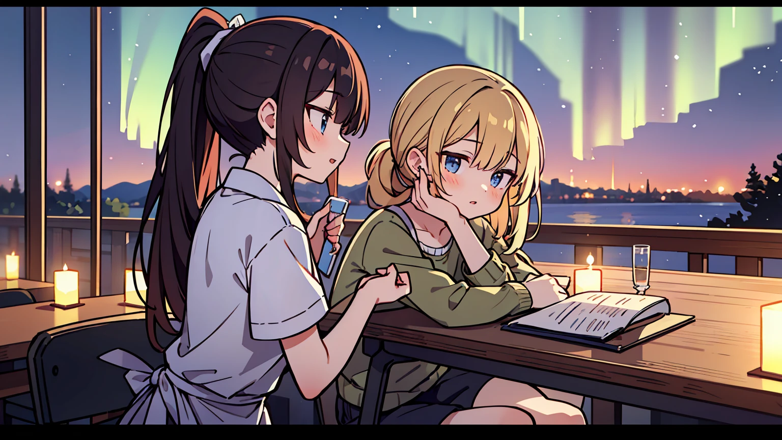 (masterpiece, best quality),Two women with different faces and hairstyles, different hair colors, different faces, ponytail, shot,letterboxed, perfection of fashion,chapped lips, casual attire, upper body, from the side,A cafe with a terrace overlooking the night sky with the Aurora,Teaching students to study at an old-fashioned table, eyes look at the note, together, stylish outfit,