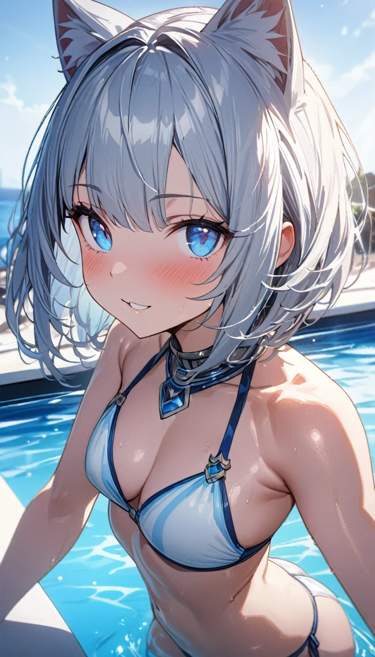 1girl、(((best quality)), ((masterpiece)), (details), masterpiece, best quality, high quality, ulutra detailed, perfect face, ((1girl, Blue eyes, cat ears: 1.3 silver bob hair: 2.5,))、Shiny Hair、Glowing Skin、Happy face、Lustful look、I can see your toned stomach、blue sky、Infinity Pool、bikini、
