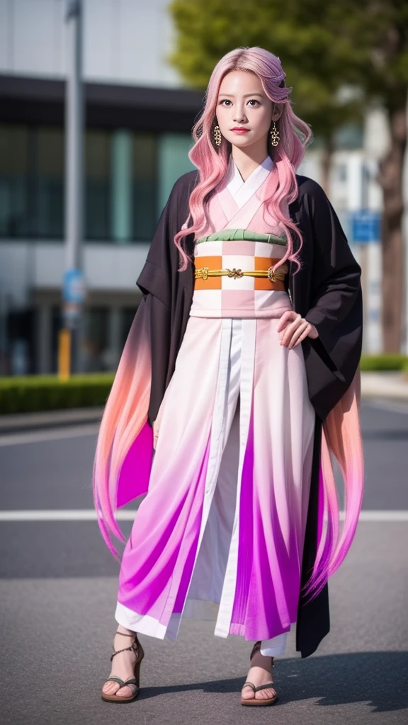 Cute Japanese woman, (), (very cute face), white moisturized skin, looking at the camera, melancholy expression,
BREAK,
Idol,
BREAK,
(wearing cute kimono: 1.3), (highly revealing kimono), very large earrings, short length,
BREAK,
(fighting pose: 1.1),
BREAK,
(long hair), (pink hair: 1.4), (wavy hair), (gradient hair: 1.3), (red hair at the ends),
BREAK,
(realistic: 1.3), masterpiece, perfect lighting, (ultra-high resolution), (8K), (highly detailed: 1.4), (from the front), (full body: 1.4), (symmetrical: 1.2), (one shot),
BREAK,
(Shibuya city in Japan: 1.2),
BREAK,
(Demon Slayer: 1.4),
BREAK,
(Imada Mio: 1.4),